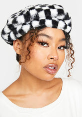 Your Move Checkered Faux Fur Beret