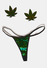 Green Sequin Weed Leaf Pasties & Thong Set