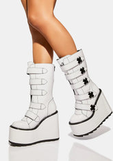 White Patent Dune Strapped Platform Boots