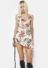 Beige Tattoo Rose Waterfall Mesh Mini Dress