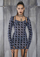 Snare Monogram Print Mesh Dress And Shrug Set