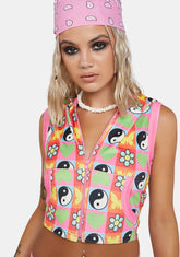 Velour Yin Yang Print Vest Hoodie