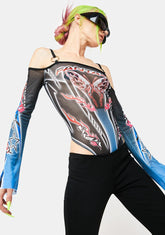 Fantasy Butterfly Off Shoulder Mesh Bodysuit