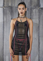 Snare Mesh Mini Dress With Pink Stitching