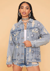 Star Power Distressed Denim Jacket