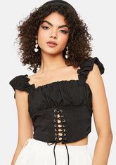 Noir Glamour Lights Ruffle Lace Up Corset Top