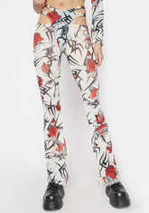 Beige Tattoo Rose Speed Racer Mesh Pants