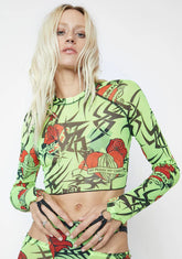 Neon Green Tattoo Rose Raglan Mesh Racer Top