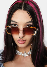 Brown Rimless Revival Rhinestone Sunglasses