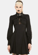 Ribbon Neck Tie Long Sleeve Mini Dress