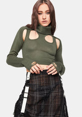 Distortion Olive Knit Cutout Turtleneck Top