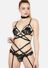 Embroidered Lace Strappy Underwire Lingerie Set