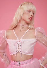 Star Signs Rhinestone Puff Sleeve Crop Top