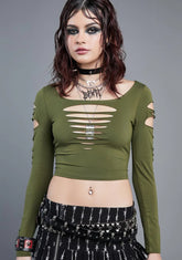 Olive New Skin Shredded Crop Top
