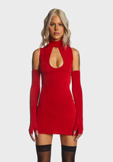 Red Cut Out Mini Dress With Gloves