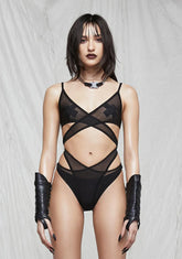Synth Cutout Mesh Wrap Bodysuit