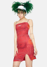 Red Satin Bandanna Straight Neck Cami Dress