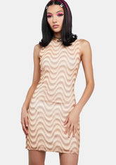 Brown Wave Print Mesh Backless Dress