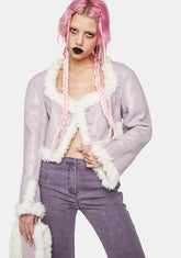 Lilac Leather And White Faux Fur Double Sided Cropped Coat