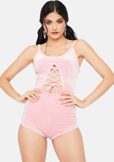 Changing Perspectives Pink Velour Lace Up Romper