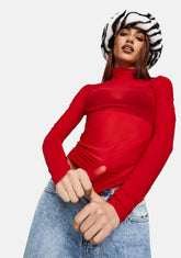 Red Mesh Long Sleeve Turtleneck