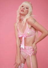 Lady Wearing Midnight Lace Garter Lingerie Set