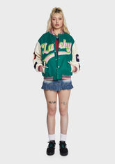 Embroidered Patch Green Varsity Jacket