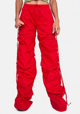Red Cotton Wide Leg Cargo Trouser With Cut Out Ruched Detail