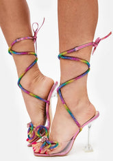 Rainbow Queenie Lace Up Diamante Wrap Heels
