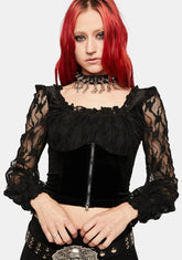 Square Neck Velvet Paneled Lace Top