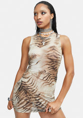 Tiger Brown Mesh Ardice Mini Dress