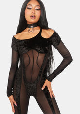 Sheer Black Velvet-Mesh Catsuit