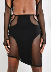 Asymmetrical Fishnet Panel Cut-Out Skirt