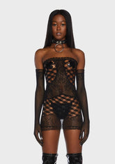 Midnight Finally Playtime Bodystocking Dress With Gloves
