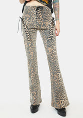 Leopard Lace Up Flared Jeans