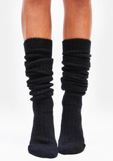 Noir Ribbed Fuzzy Thigh High Socks