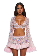 Sequin Faux Fur Trimmed Wrap Top - Pink