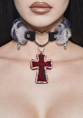 Vampy Wink Fur Cross Necklace - Gray