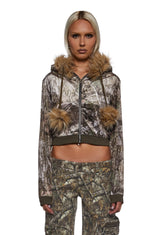 Camo Velour Hoodie With Faux Fur Trim
