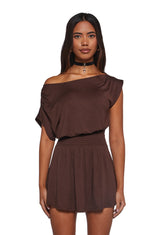 Crush Damage Off The Shoulder Dress - Brown