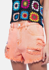Orange Distressed Denim Shorts