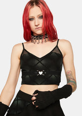 Heart Shape Decorative Buckle Gauze Spliced Plaid Crop Top