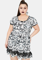 Divine Spirit World Lace Trim Moth Print Dress