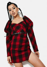 Red And Black Plaid Princess Sleeve Dress