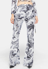 Mesh Swirl Print Cut Out Flare Trousers