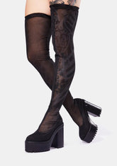 Snare Tattoo Print Mesh Thigh High Boots