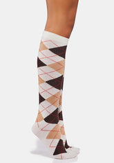 White Argyle Shades Knee High Socks