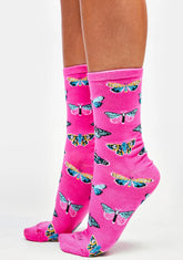 Pink Butterfly Bamboo Crew Socks