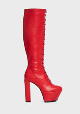 Red Chaperone Patent Knee High Platform Boots