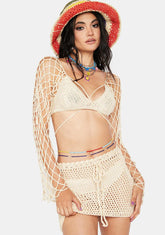 Beige Day In The Sun Crochet Skirt Set